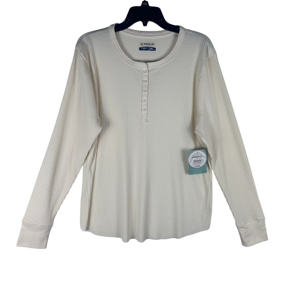 Magellan Outdoors Womens XXL Cream Ribbed Henley LS Shirt Classic Fit NEW